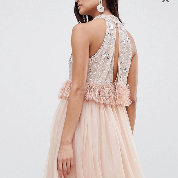 asos design embellished sequin maxi dress with faux feather trim